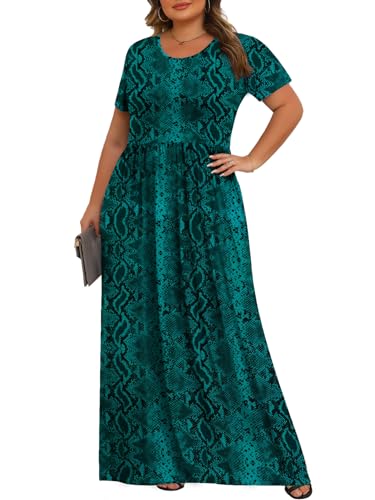 Tencede Womens Plus Size Maxi Dresses Summer 2026 Casual Short Sleeve with Pockets Long Dress Green Snake Skin 2X - Image 2