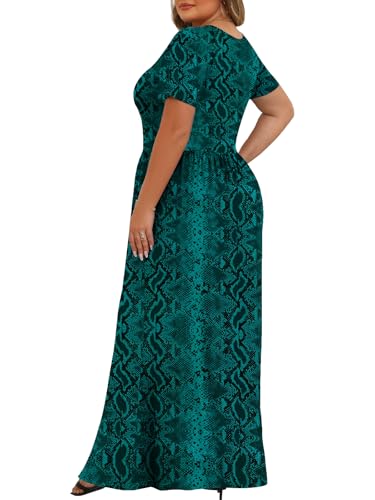 Tencede Womens Plus Size Maxi Dresses Summer 2026 Casual Short Sleeve with Pockets Long Dress Green Snake Skin 2X - Image 4