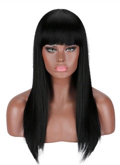 Kalyss 22" Black Synthetic Hair Wigs with Hair Bangs for Women High Temperature Super Soft Yaki Texture Long Straight Hair Wigs for Women (black)  - Image 1
