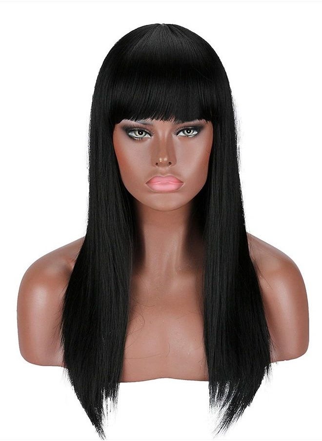 Kalyss 22" Black Synthetic Hair Wigs with Hair Bangs for Women High Temperature Super Soft Yaki Texture Long Straight Hair Wigs for Women (black)  - Image 1