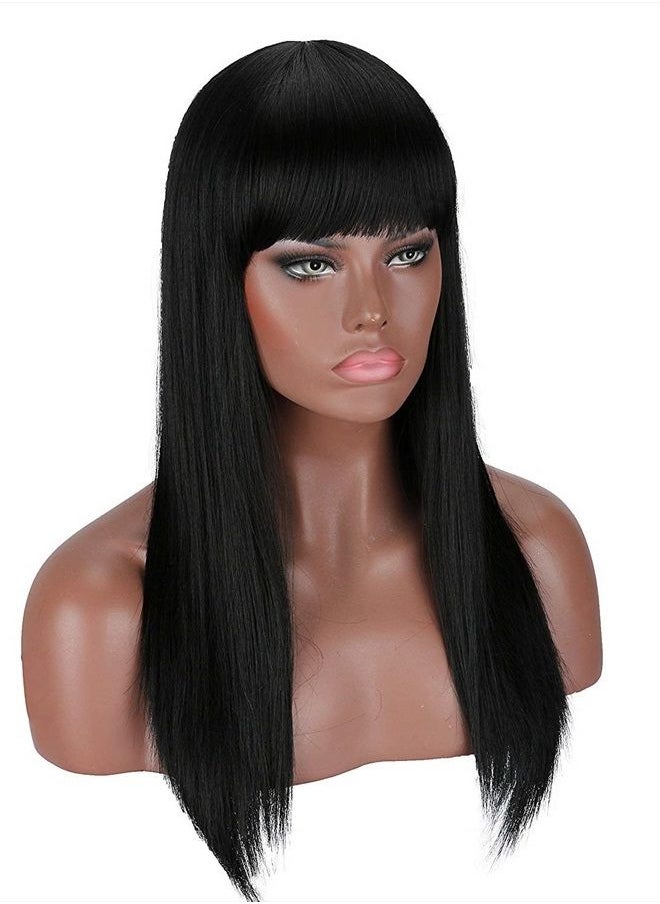 Kalyss 22" Black Synthetic Hair Wigs with Hair Bangs for Women High Temperature Super Soft Yaki Texture Long Straight Hair Wigs for Women (black)  - Image 3