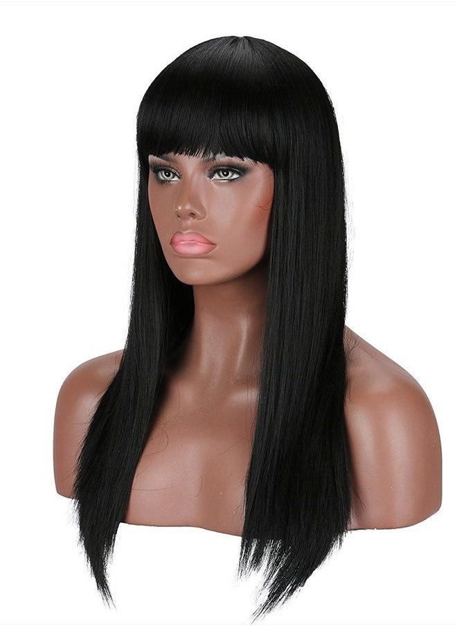 Kalyss 22" Black Synthetic Hair Wigs with Hair Bangs for Women High Temperature Super Soft Yaki Texture Long Straight Hair Wigs for Women (black)  - Image 2