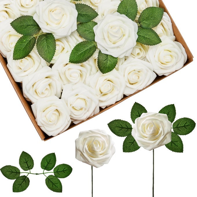 ARTIFICIAL FLOWERS 50 PCS IVORY FOAM FAKE ROSES BULK WITH STEMS FOR DECORATION DIY WEDDING BOUQUETS CENTERPIECES BRIDAL SHOWER PARTY CHRISTMAS TREE