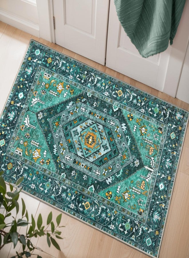 SERISSA Boho Rugs for Entryway, 2x3 Teal Entryway Rug Non-Slip Washable Small Area Rug, Ultra Soft Oriental Vintage Low-Pile Indoor Door Mat Floor Carpet for Entrance Bedroom Kitchen Bathroom - Image 1