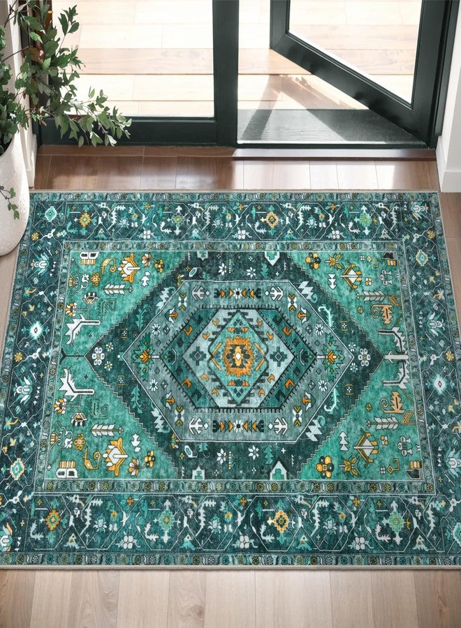SERISSA Boho Rugs for Entryway, 2x3 Teal Entryway Rug Non-Slip Washable Small Area Rug, Ultra Soft Oriental Vintage Low-Pile Indoor Door Mat Floor Carpet for Entrance Bedroom Kitchen Bathroom - Image 5