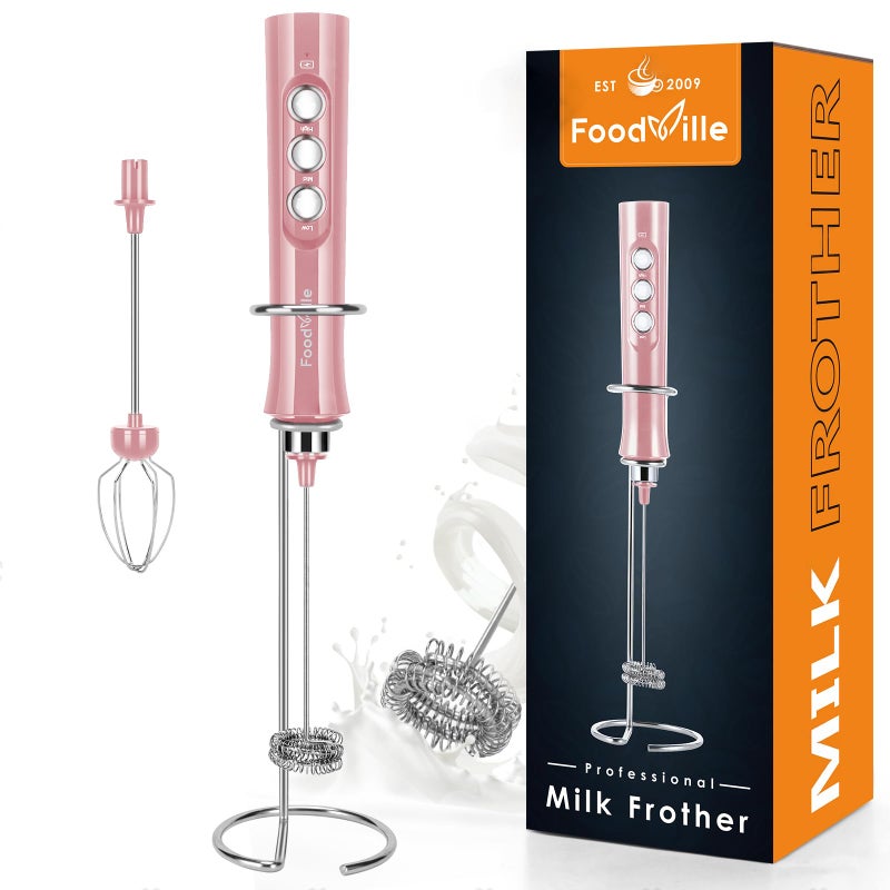 فودفيل MF02 جهاز خفق الحليب القابل لإعادة الشحن مع خفاقة ستانلس ستيل لصنع الرغوة لكابتشينو لاتيه قهوة بوليت بروف حمية كيتو مسحوق بروتين ماتشا لون كورال وردي