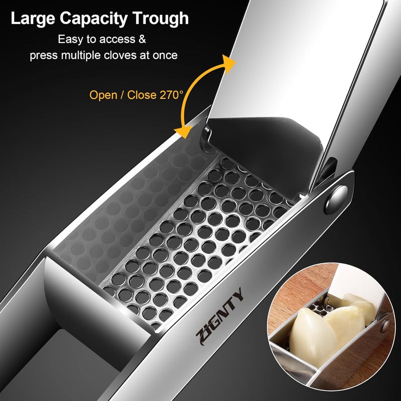 ZIGNTY Garlic Press Stainless Steel，Professional Garlic Mincer Tool No Need to Peel，Dual Lever-Assisted Garlic Masher with Large Chamber，High Effective Garlic Crusher & Garlic Presser Dishwasher Safe - Image 5
