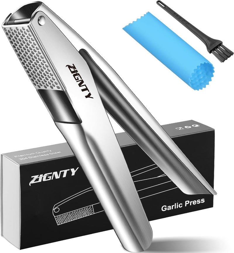 ZIGNTY Garlic Press Stainless Steel，Professional Garlic Mincer Tool No Need to Peel，Dual Lever-Assisted Garlic Masher with Large Chamber，High Effective Garlic Crusher & Garlic Presser Dishwasher Safe - Image 1