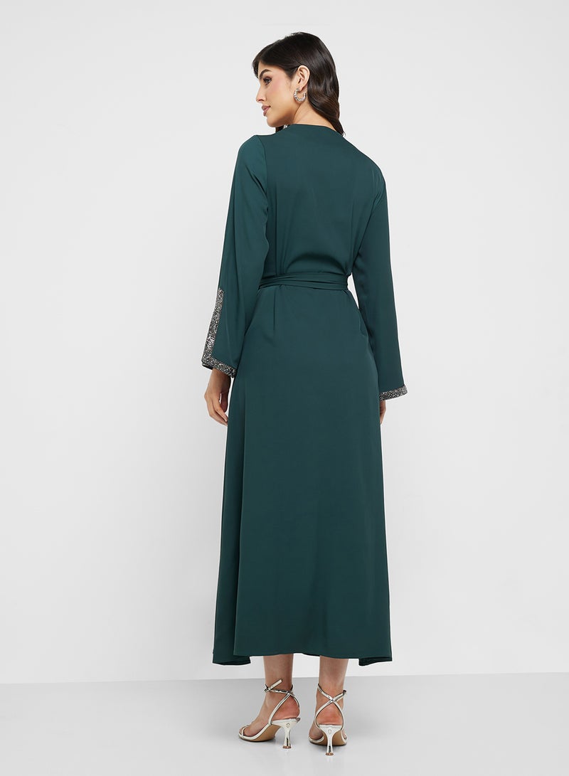 Khizana Open Abaya With Embellished Trims - Image 2