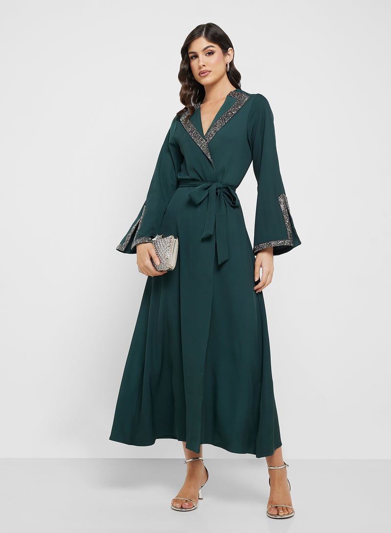 Khizana Open Abaya With Embellished Trims - Image 1