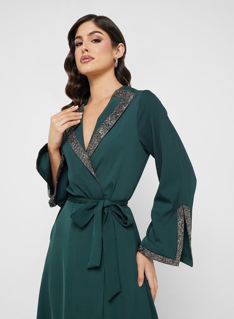 Khizana Open Abaya With Embellished Trims - Image 3