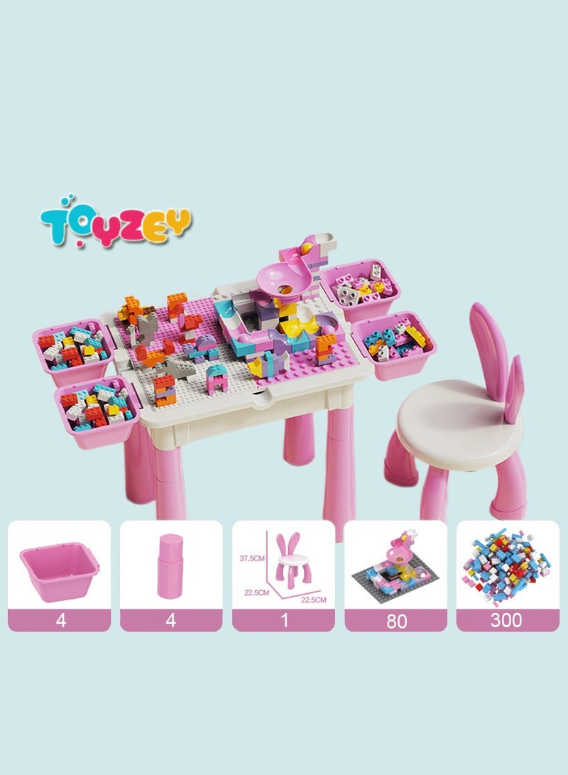 جني ثروة طقم مكعبات بناء للأطفال، 210 قطعة مكعبات تكديس كبيرة مع ممر منزلق، ألعاب تعليمية للأولاد والبنات، طاولة مكعبات قابلة لتعديل الارتفاع مع كرسي وصندوق تخزين، طاولة أنشطة متعددة الوظائف للأطفال (وردي) - Image 1
