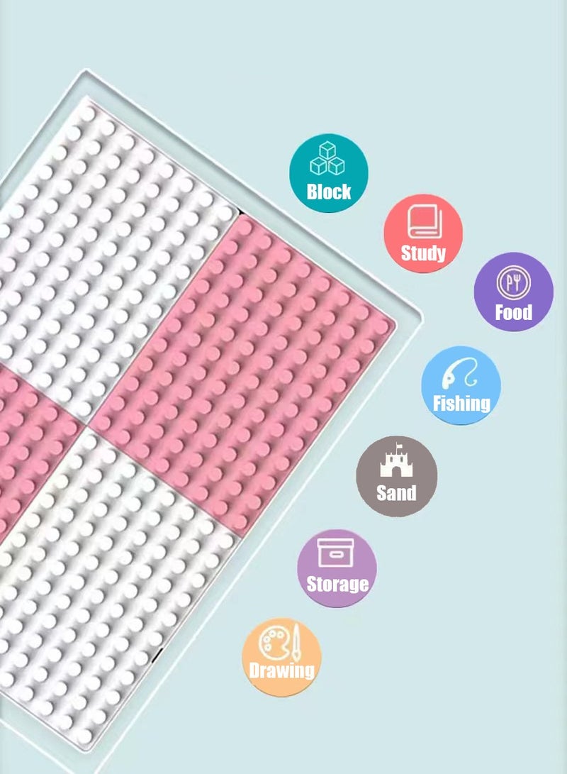 جني ثروة طقم مكعبات بناء للأطفال، 210 قطعة مكعبات تكديس كبيرة مع ممر منزلق، ألعاب تعليمية للأولاد والبنات، طاولة مكعبات قابلة لتعديل الارتفاع مع كرسي وصندوق تخزين، طاولة أنشطة متعددة الوظائف للأطفال (وردي) - Image 3