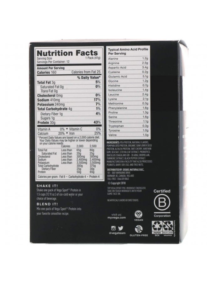 Vega - Vega Sport Premium Vegan Protein Powder Vanilla (12 Sachets) 30g Plant Based Protein, 5g BCAAs, Low Carb, Keto, Dairy Free, Gluten Free, Pea Protein for Women and Men, 12x1.6oz (Packaging May Vary) - Image 1
