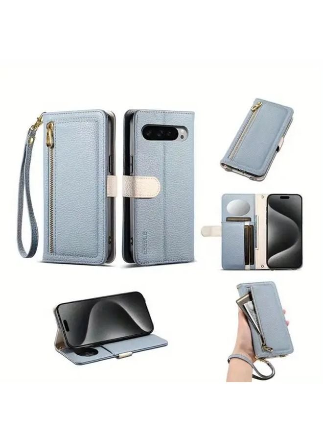 Black Lychee Pattern Crossbody Zip Wallet With Straps For Google Pixel 9 Pro XL - Image 3