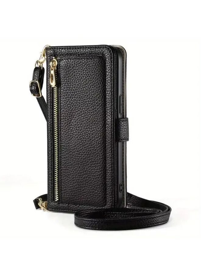Black Lychee Pattern Crossbody Zip Wallet With Straps For Google Pixel 9 Pro XL - Image 1