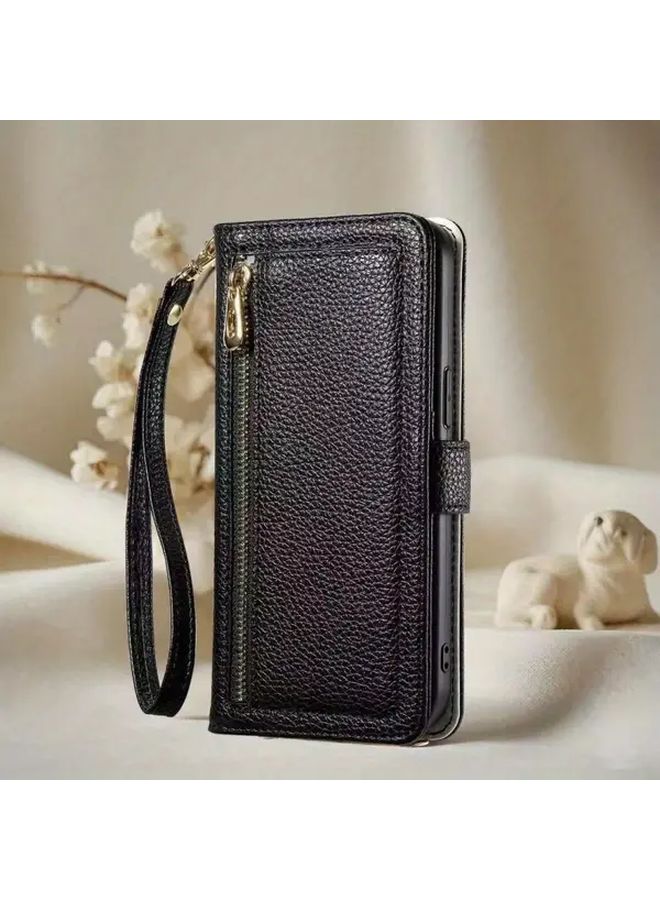 Black Lychee Pattern Crossbody Zip Wallet With Straps For Google Pixel 9 Pro XL - Image 2
