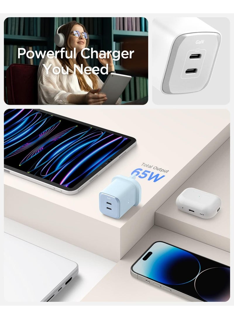 Spigen ArcStation Pro GaN 652 Total 65W Dual Ports USB C Charger PD 3.0 Charging Adapter - Sierra Blue - Image 2