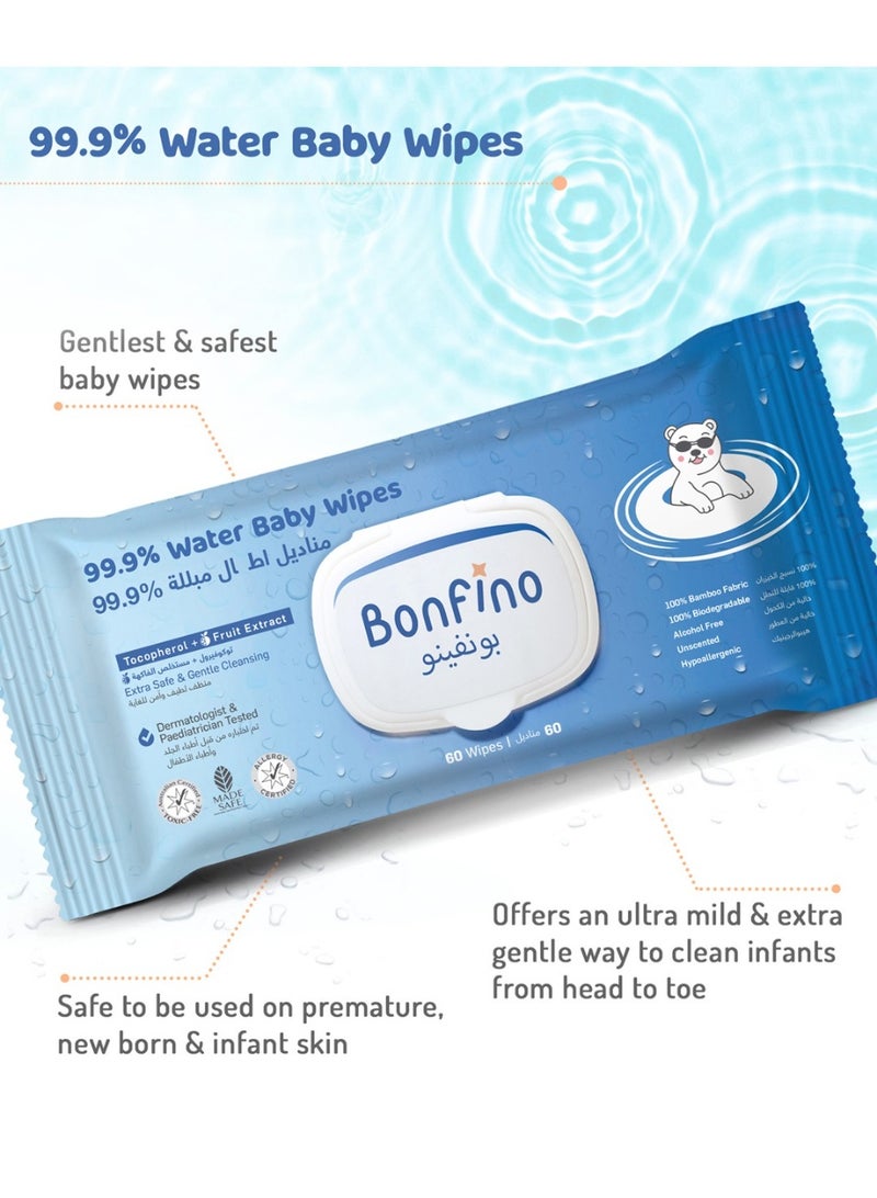 Bonfino مناديل الأطفال بونفينو المضادة للحساسية 99.9% ماء. خالية من الكحول والعطور، مصنوعة من الخيزران القابل للتحلل، عبوة من 9 - 540 قطعة - Image 2