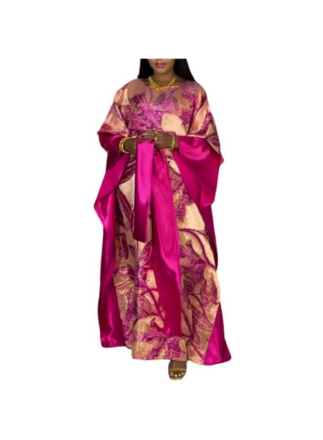 HD Fashion African Jacquard Kaftan Dress for Woman Fancy Party Gown with Headwrap, Rosered, One size - Image 1
