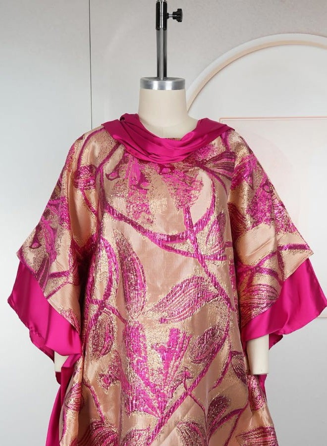 HD Fashion African Jacquard Kaftan Dress for Woman Fancy Party Gown with Headwrap, Rosered, One size - Image 3