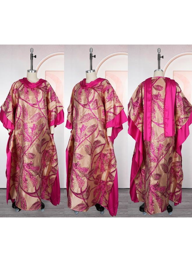 HD Fashion African Jacquard Kaftan Dress for Woman Fancy Party Gown with Headwrap, Rosered, One size - Image 4