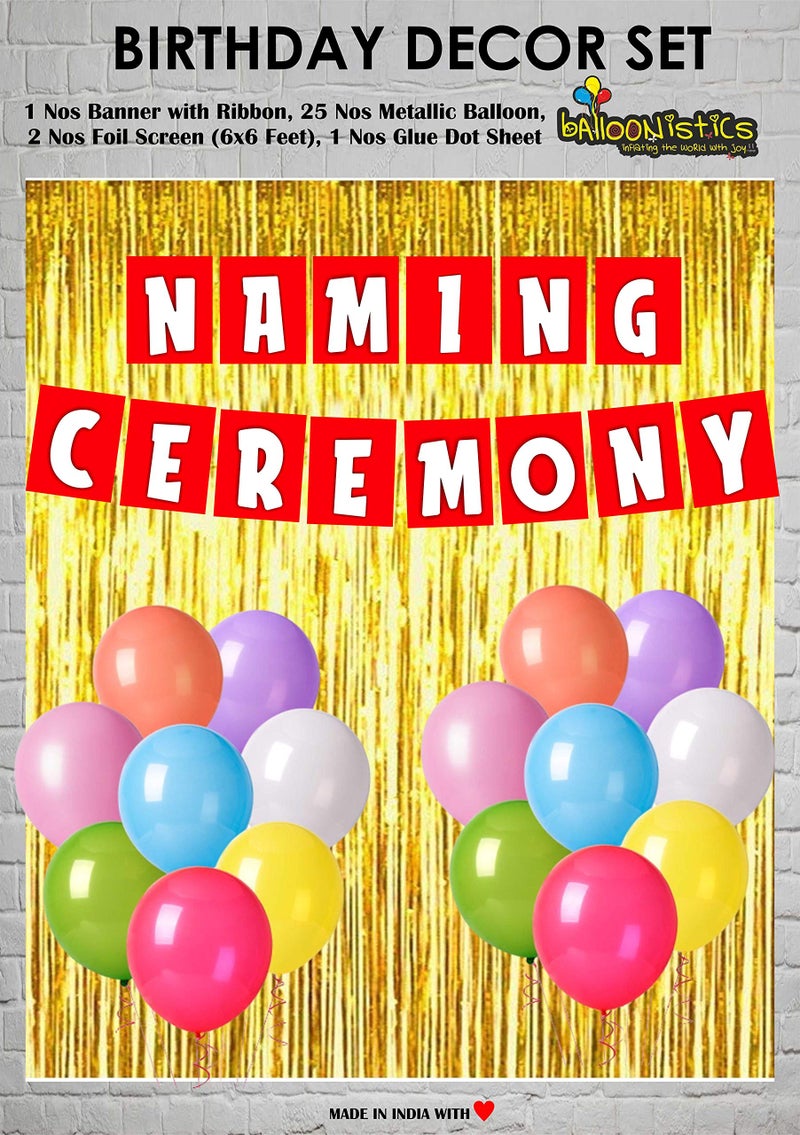 Balloonistics Naming Ceremony Banner C16 Combo Includes 2 Gold foil Curtains, 1 Naming Ceremony Banner, 25 Nos Multicolor Balloon and Glue Dots for Decoration - Image 1