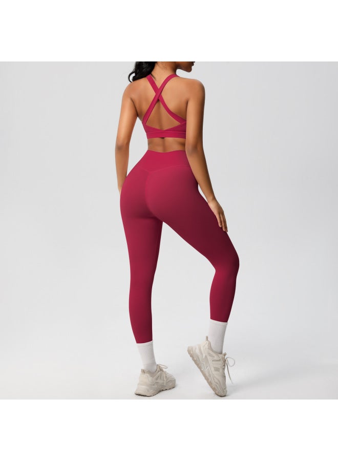 Song Feng Ya European And American Solid Color Vest Shockproof High Strength Pilates Bra Fitness Suit Naked Yoga Pants Outdoor Sports Suit  - Image 1