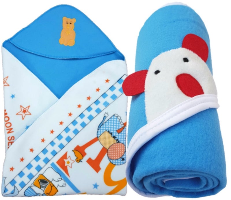Brandonn BRANDONN Newborn Combo of Double PLY Reversible Hooded and Fleece Hooded Baby Blankets(Pack of 2, Sky Blue) - Image 1