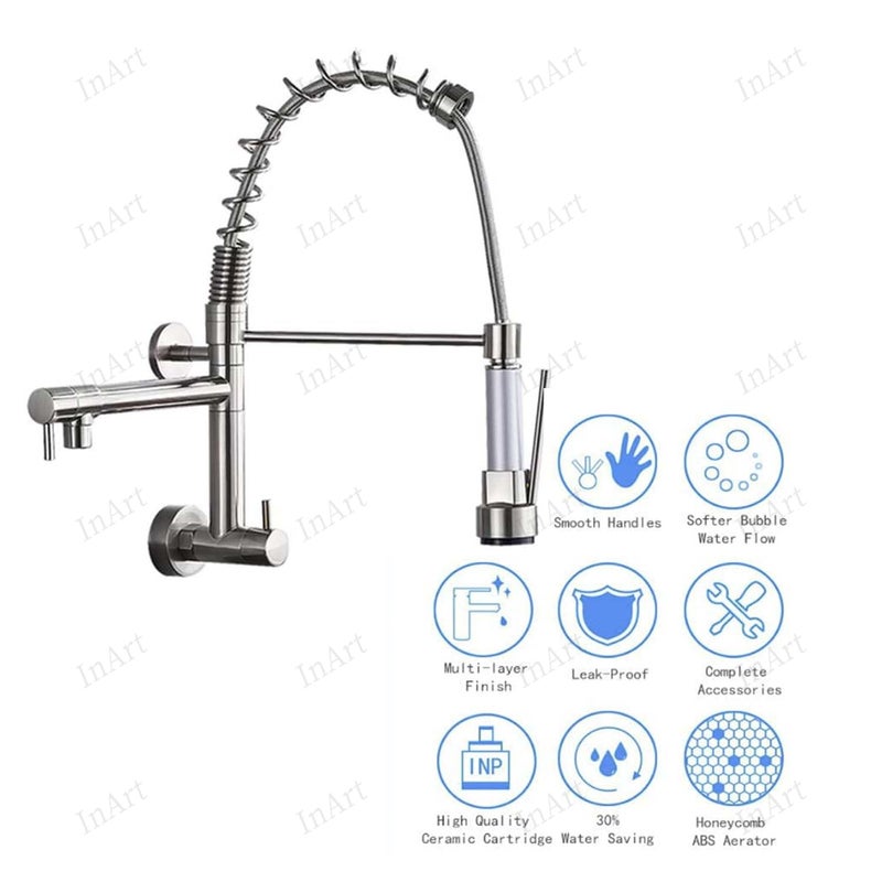 inart صنبور مطبخ مثبت على الحائط برافعة واحدة من إن آرت مع رأس رش متعدد الوظائف بلمسة نهائية من الكروم، دوران 360 درجة وسلك سحب - Image 4