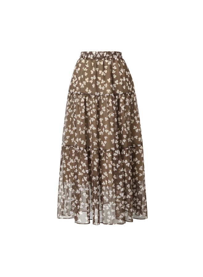 Yanyee Brown A-line Skirt For Women  Autumn Slim Long Commuter Gentle Floral Skirt Brown M - Image 2