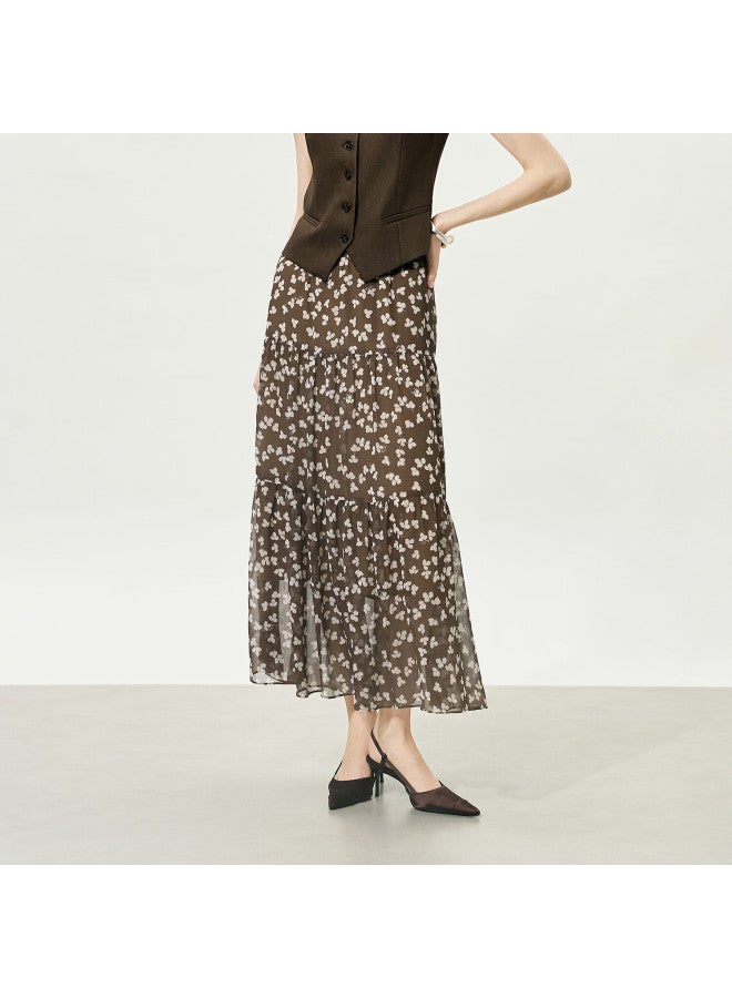 Yanyee Brown A-line Skirt For Women  Autumn Slim Long Commuter Gentle Floral Skirt Brown M - Image 1