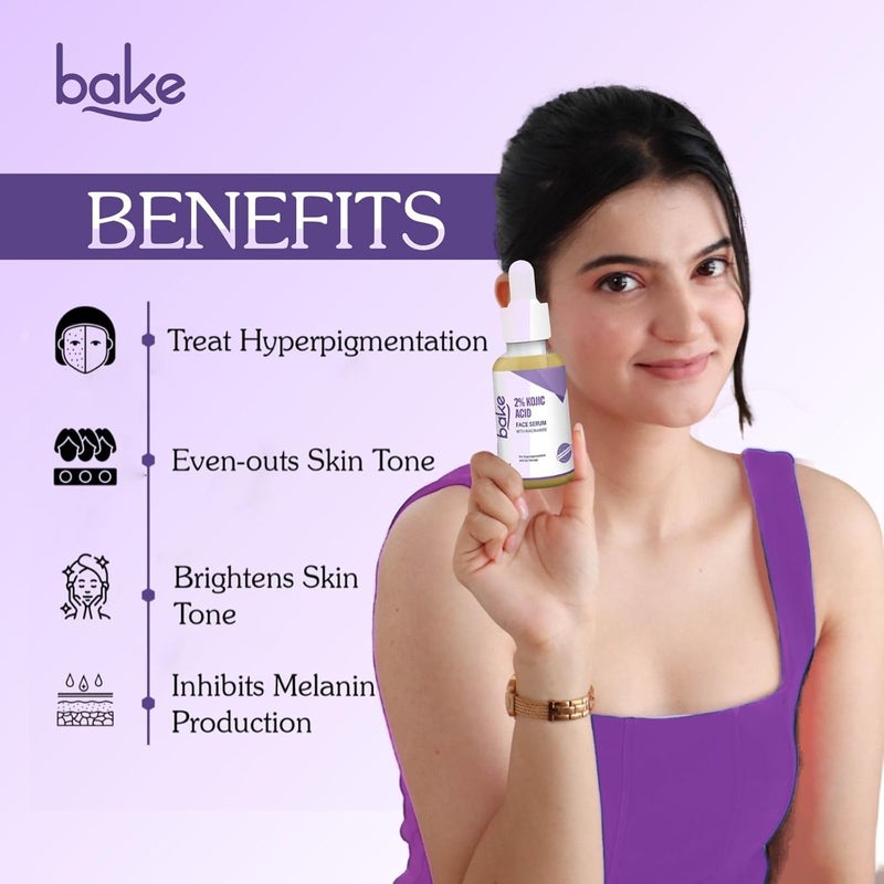 BAKE 2 Kojic Acid Face Serum with 5 Niacinamide 2 Glycolic Acid for Pigmentation Dark Spots For Dark Circles Tan Removal Sun Damaged Skin Skin Brightening Glowing 30ml - Image 2