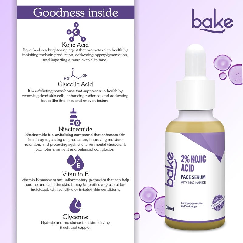 BAKE 2 Kojic Acid Face Serum with 5 Niacinamide 2 Glycolic Acid for Pigmentation Dark Spots For Dark Circles Tan Removal Sun Damaged Skin Skin Brightening Glowing 30ml - Image 4