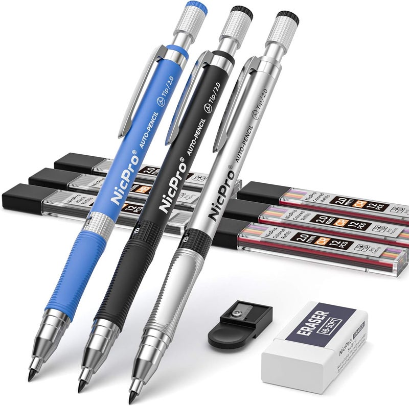 Nicpro 11 Pieces Colors 2mm Mechanical Pencil Set, 3 PCS Carpenter Drafting Pencil 2.0 mm for Art Drawing Writing Sketching Construction with 6 Tube Pre-Sharpen 2B & Color Refill, Eraser, Sharpener - Image 1