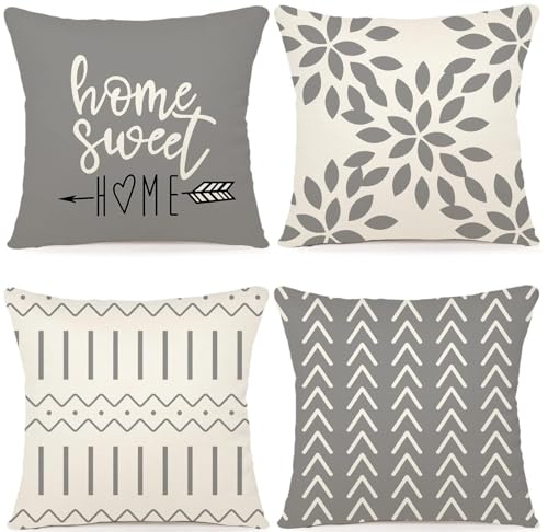YCOLL Pillow Covers 18x18 Set of 4，Modern Sofa Throw Pillow Cover, Decorative Home Outdoor Linen Fabric Geometric Pillow Case for Couch Bed Car，Gray - Image 1