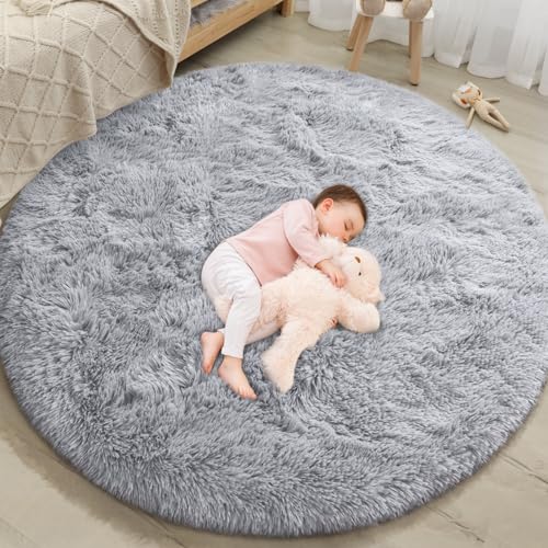 EVOIONOS Grey Round Rug for Bedroom, 5x5 Ft Fluffy Soft Circle Area Rugs for Living Room, Plush Shaggy Circular Carpet for Indoor Floor Bedside Kids Nursery, Machine-Washable Home Decor Aesthetic - Image 1