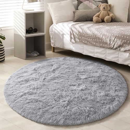EVOIONOS Grey Round Rug for Bedroom, 5x5 Ft Fluffy Soft Circle Area Rugs for Living Room, Plush Shaggy Circular Carpet for Indoor Floor Bedside Kids Nursery, Machine-Washable Home Decor Aesthetic - Image 4