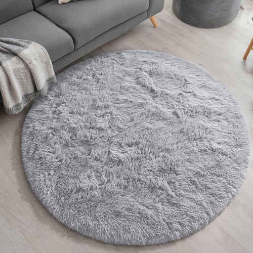 EVOIONOS Grey Round Rug for Bedroom, 5x5 Ft Fluffy Soft Circle Area Rugs for Living Room, Plush Shaggy Circular Carpet for Indoor Floor Bedside Kids Nursery, Machine-Washable Home Decor Aesthetic - Image 5
