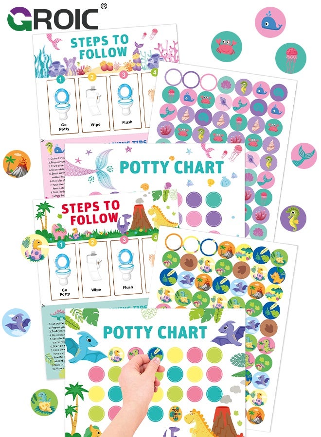 GROIC 2 Pcs Potty Training Chart for Kids, Fun Styles Potty Reward Chart Toddlers with Stickers Potty Chart Potty Sticker Chart, 10 Potty Chart, 4 Sticker Sheets for Girls & Boys (Mermaid + Dinosaur) - Image 1