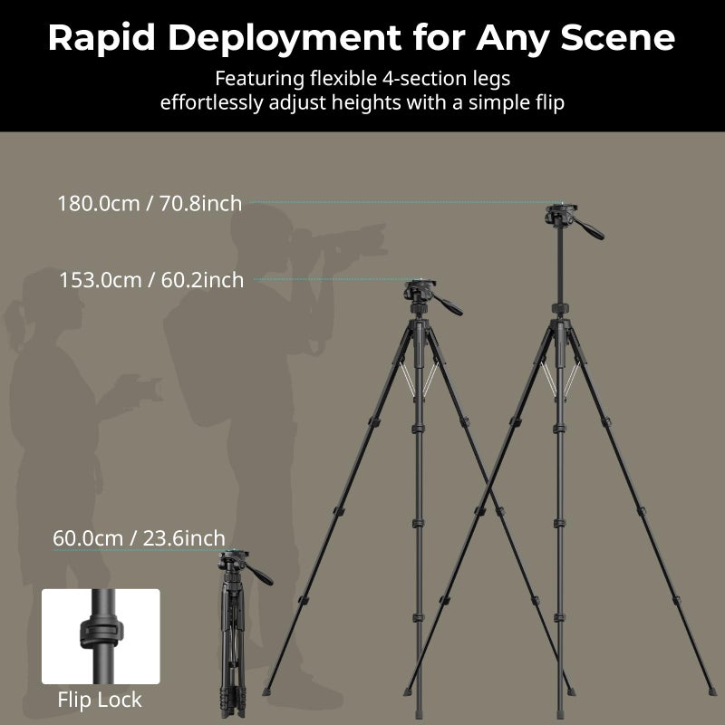 SmallRig 71" Camera Tripod Stand AP-21, Travel Tripod for iPhone and Camera for Canon for Nikon with Phone Holder & Carry Bag, Portable Beginner Tripod with Quick-Flip Lock Legs, Max Load 11lb - Image 4