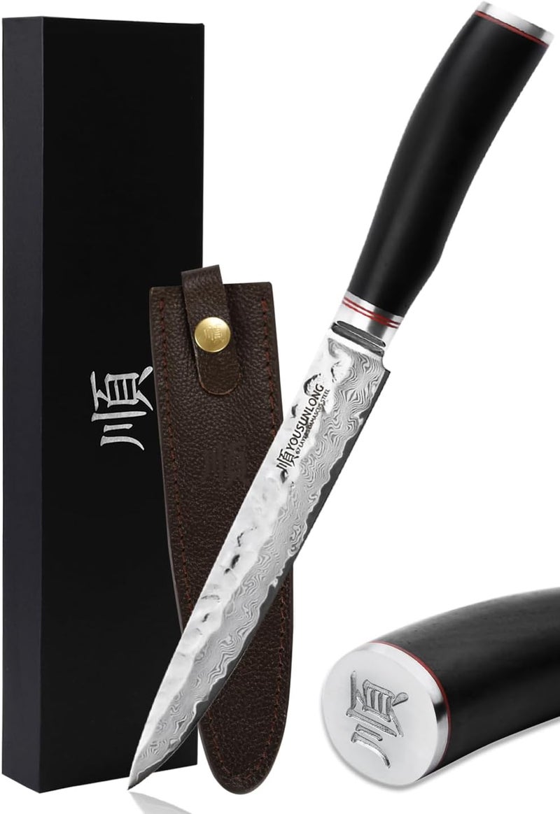 YOUSUNLONG Carving Knives 8 inch Slicing Knives Japanese Hammered Damascus Natural Leadwood Handle with Leather Sheath - Image 1