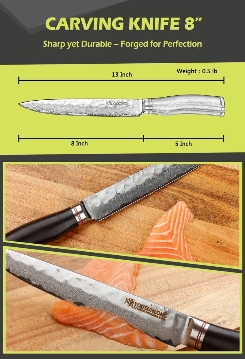 YOUSUNLONG Carving Knives 8 inch Slicing Knives Japanese Hammered Damascus Natural Leadwood Handle with Leather Sheath - Image 3