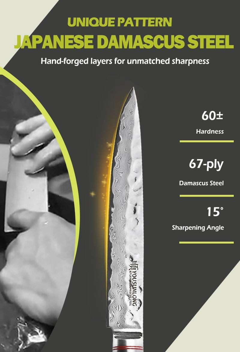 YOUSUNLONG Carving Knives 8 inch Slicing Knives Japanese Hammered Damascus Natural Leadwood Handle with Leather Sheath - Image 2