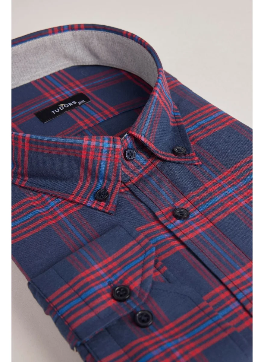 Tudors Plus Size Long Sleeve Plaid Piped Collar Button-Down Men's Shirt
