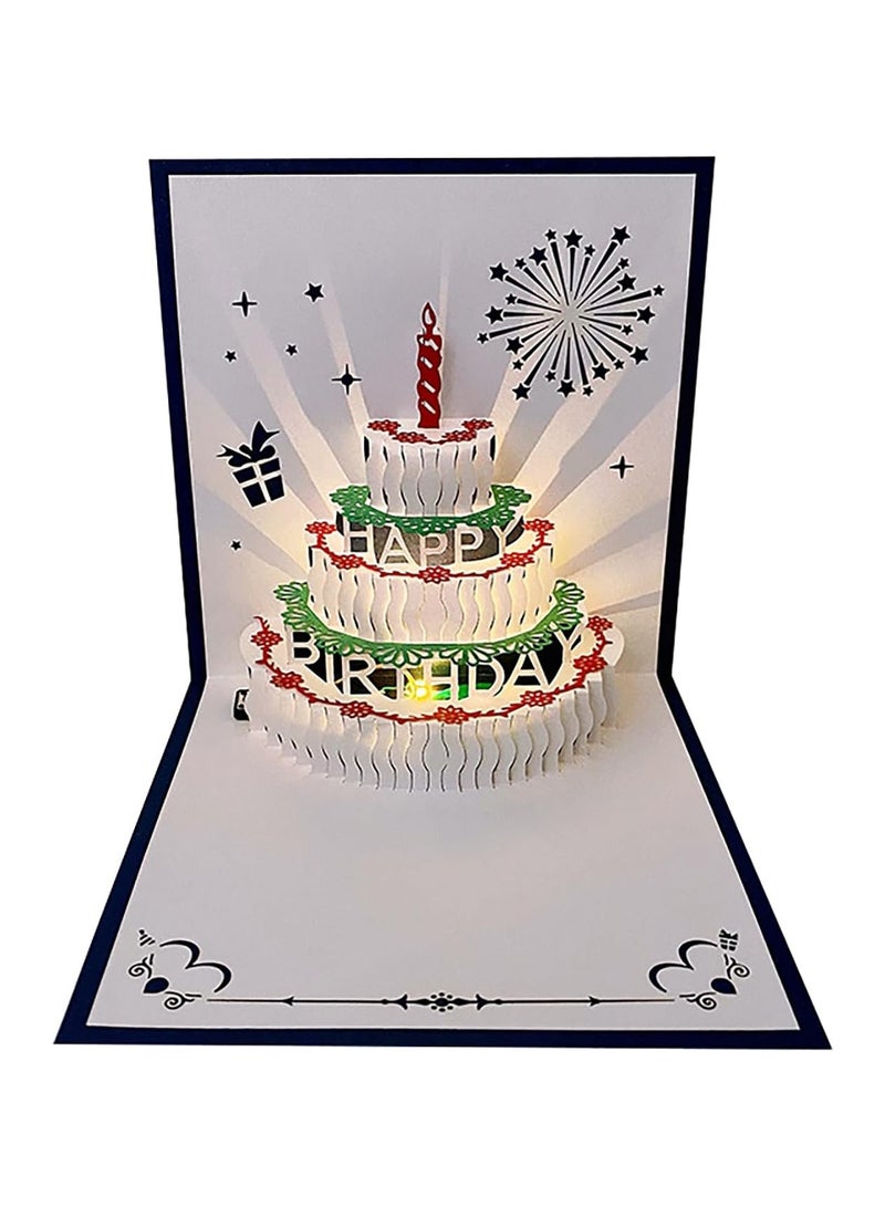 3D Birthday Cards Folded Cake Greeting Card Warm LED Light Postcards Happy Birthday Music Pop up Cards with on Control Gifts for Mom Wife Lover Sister Boy Girl Kids and Friends 1 Pack - Image 1
