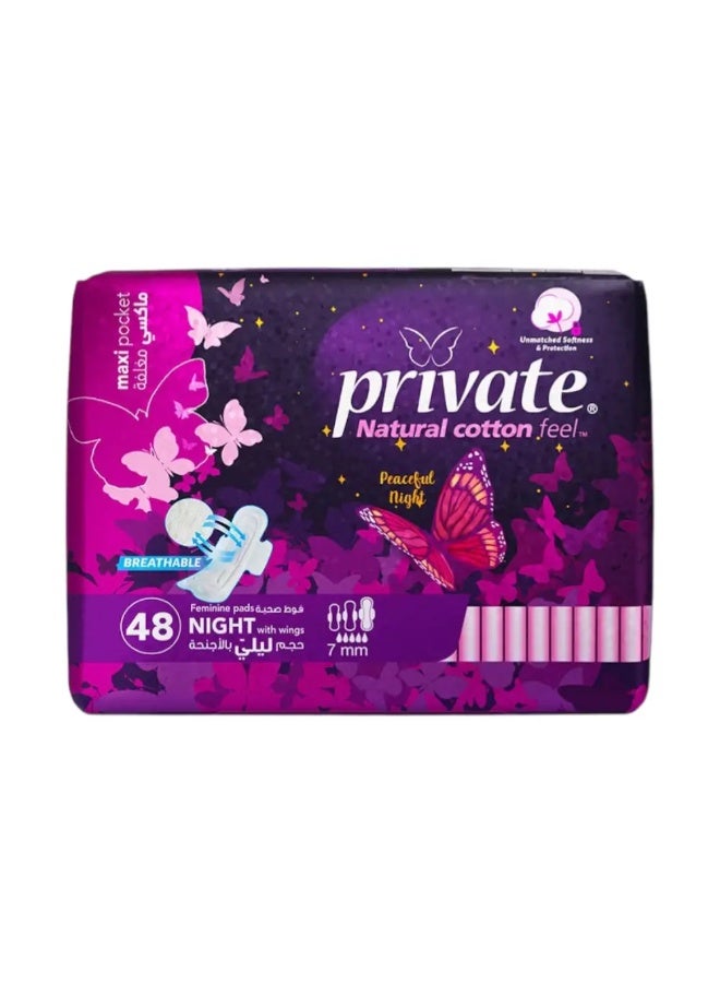 Private Feminine Maxi Pads for Night, Natural Cotton Feel, Breathable, 48 Count
