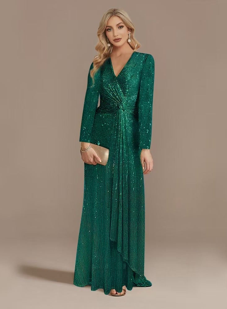 Women's Long - sleeve V - neck Sequin Maxi Dress