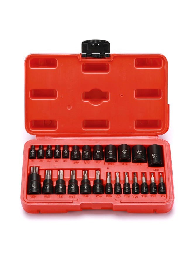 Mayouko 25PCS 1/4",3/8",1/2" Drive Torx Bit and External Socket Set,12 Female E-Torx Sockets and 13 Star Socket Bits - Image 1