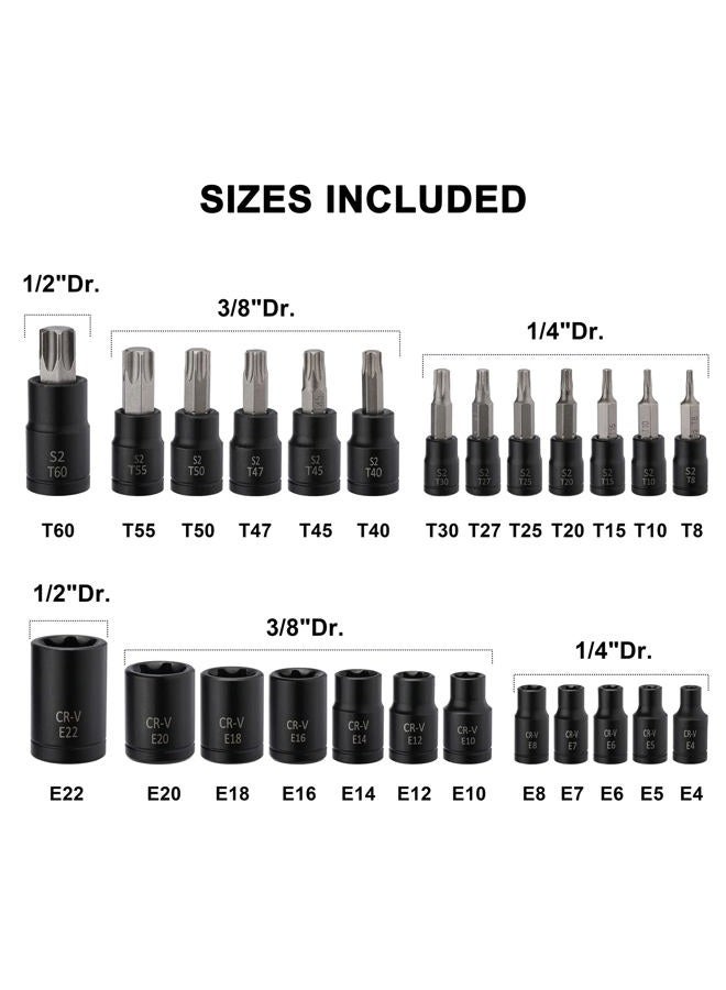 Mayouko 25PCS 1/4",3/8",1/2" Drive Torx Bit and External Socket Set,12 Female E-Torx Sockets and 13 Star Socket Bits - Image 3